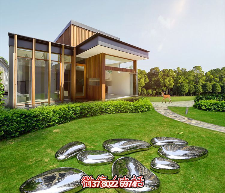 高端室內(nèi)草坪裝飾，不銹鋼雕塑鏡面石頭安放