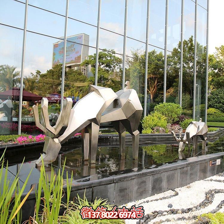 精致雕塑，幾何鏡面不銹鋼鹿，點綴精致水景小品