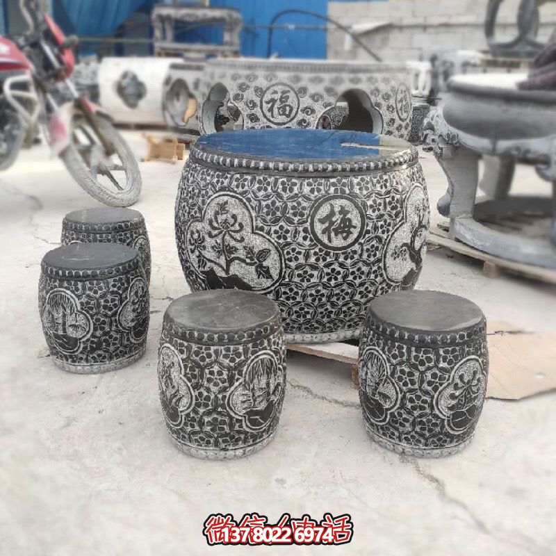 梅蘭菊竹浮雕石桌石凳，休閑庭院圓形裝飾