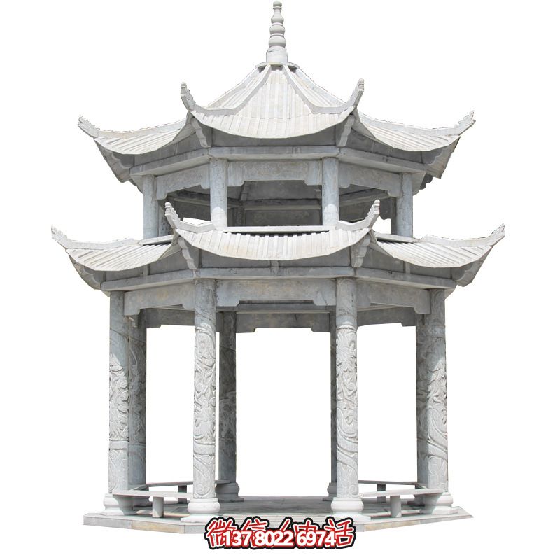 精美大理石雙層柱涼亭，雕塑點(diǎn)綴休息亭