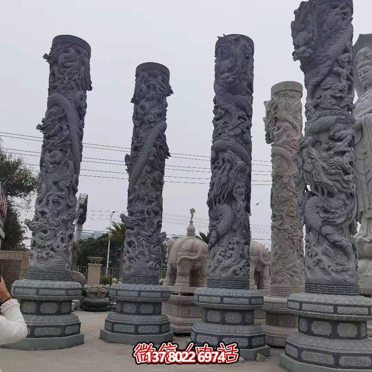 青石浮雕龍柱，精美石雕園林景觀裝飾