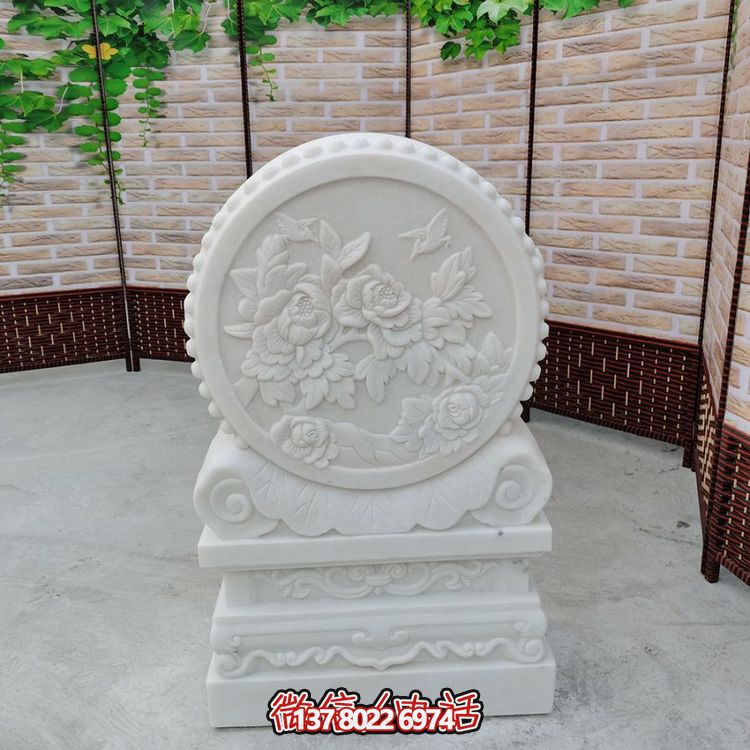 中式風(fēng)格天然漢白玉石雕抱鼓浮雕門墩，花開(kāi)富貴