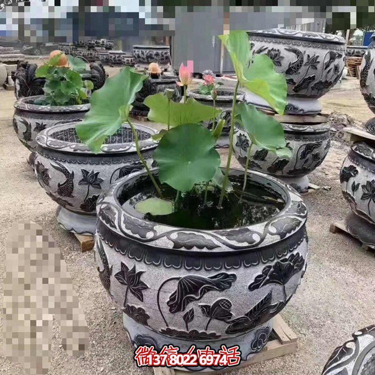 經(jīng)典荷花石雕浮雕圓形水缸，裝點您的庭院