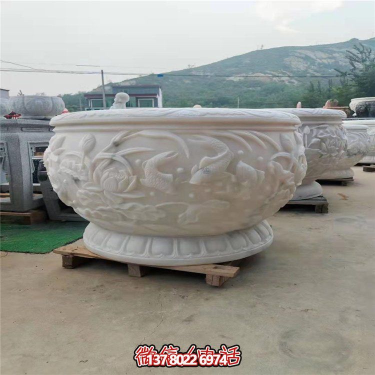古典經(jīng)典，漢白玉鯉魚雕刻圓形水缸