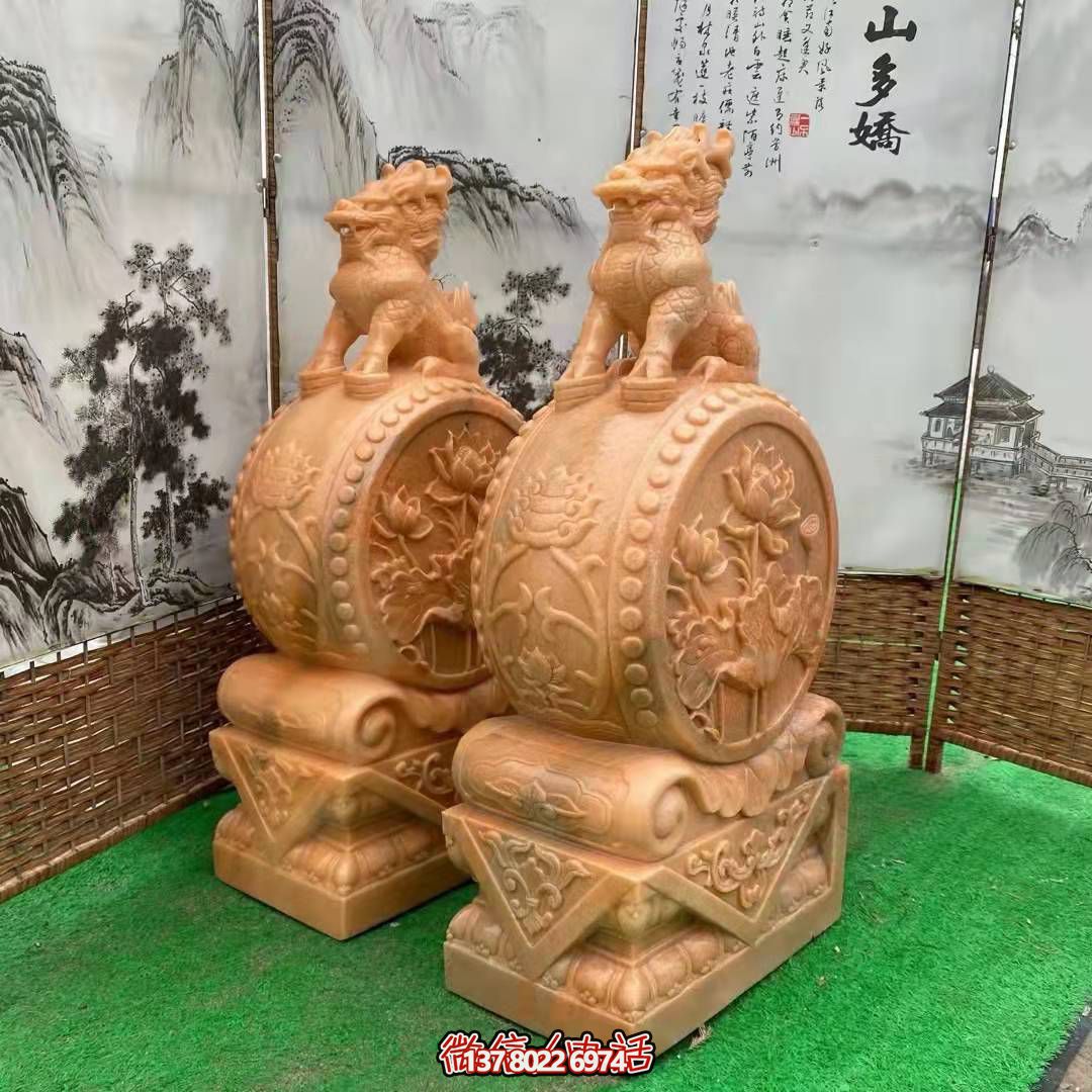 麒麟抱鼓石，晚霞紅荷花門墩