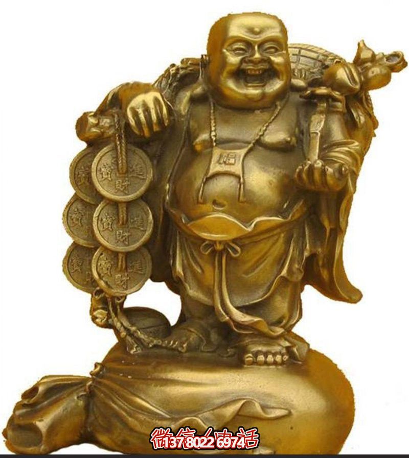 戶(hù)外噴金烤漆扛著銅錢(qián)的彌勒佛雕塑