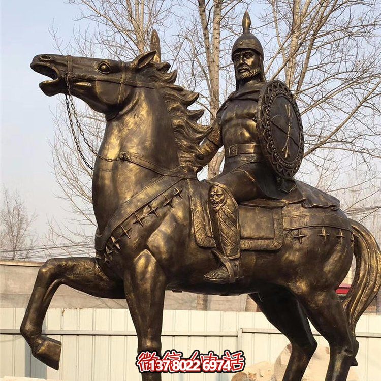 西方古代的騎馬士兵銅雕，手持盾牌騎馬身上的西方戰(zhàn)士